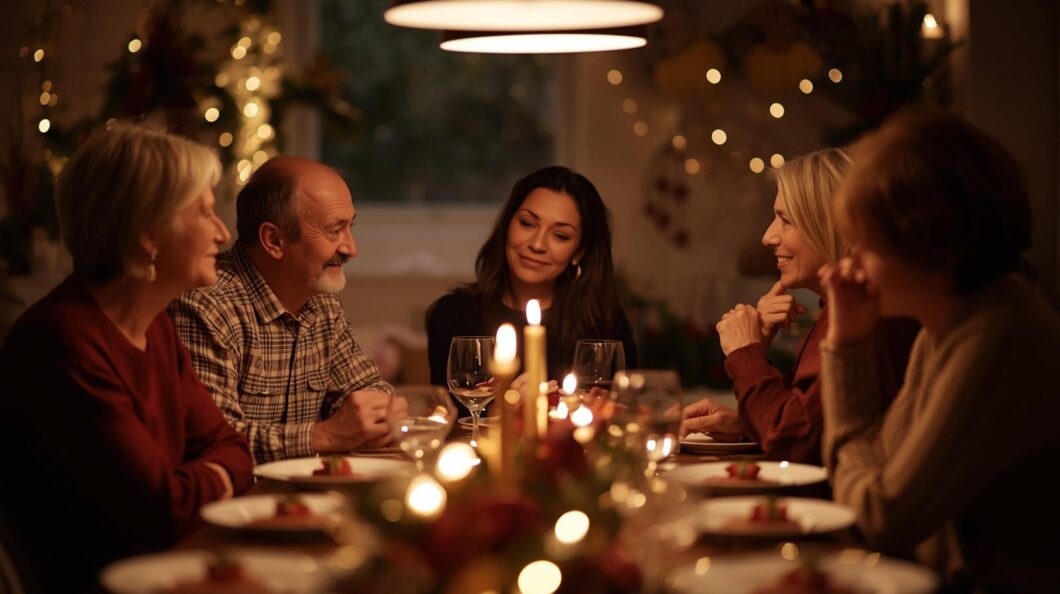“Family gathered around the holiday table having holiday legacy conversations about future planning.”