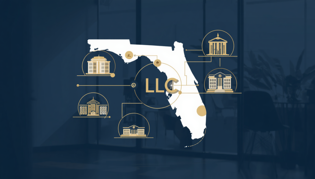 Illustration depicting Florida's new Protected Series LLC law, showing a parent LLC with multiple protected series holding separate business assets.