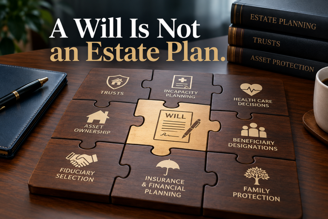 **Alt Text:**
`Complete estate plan illustration showing a will as one part of trusts, incapacity planning, beneficiary designations, asset ownership, and family protection.`
